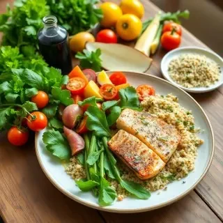 A healthy Mediterranean meal with fresh vegetables, olive oil, fish, and quinoa on a wooden table, natural daylight, food photography style, appetizing