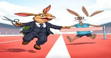 Image ratio is 16:9. Illustration of the story of the Tortoise and the Hare approaching the finish line. The Hare is wearing a rumple business suit, holding a pair of scissors, and is captured in mid-fall with a fearful expression, far from the finish line. The Tortoise is confidently crossing the finish line, wearing glasses, a thin beard, and a casual polo shirt, looking determined and calm. The background shows a racetrack finish line under a clear sky. The style is vibrant, detailed, and expressive, blending realism with a touch of whimsy.