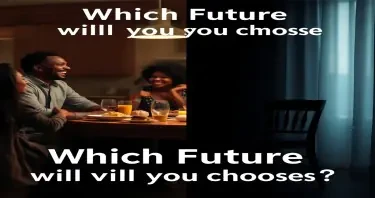 A split-image concept of a black family: On the left, a family laughing at a dinner table. On the right, a dimly lit, empty chair at the same table (symbolizing loss). Overlay text: "Which Future will you choose?
