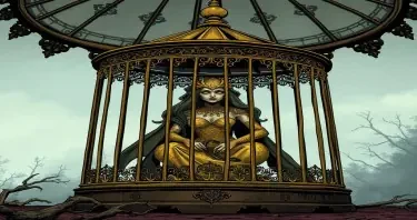 inside a half-standing pavilion. A once-beautiful noblewoman—now mutated with golden scales and blind white eyes—sits in a gilded cage that seems untouched by decay. Art style should be comic gothic.