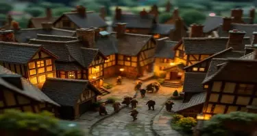diorama miniatures view of a small medieval English village. Arial view. People walking about. Authentically dirty. Night. Fine detail.