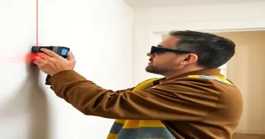 Image 1: A professional-looking appraiser using a laser distance meter inside a home, focused on measuring a wall.