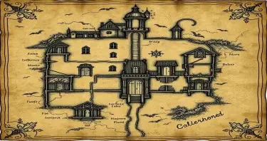An ancient a weathered map of a gothic estate. The map should show three floors and a basement and include secret doors, traps and secrets. The map should appear old, faded and hand drawn in a comic gothic style as if pages of an old journal..