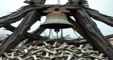 A rusted bell swings in a toppled tower above a makeshift pyre of bones.