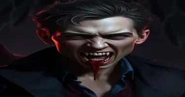 Tom Holland as a vampire with fangs and a bloody mouth