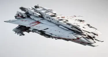 one, ARMD Platform style, Macross Style, Soviet, Sci-Fi, space aircraft carrier, on a white background