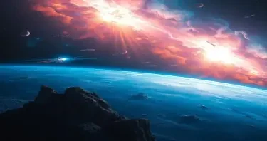 a tiny storm on a blue planet in a galaxy far far away while a space battle happens in the background