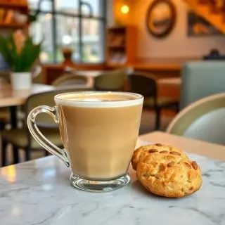 Almond latte with a coffee cup and biscuit, in a morning café with soft lighting