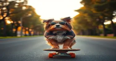 a havanese dog riding a skateboard on a long street with trees left and right of the road. wearing sunglasses