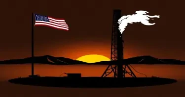 Create a black vector image of a Geothermal drilling Rig, in front of small mountains, with a sunset, on the left add an American Flag waving on a flag pole, Add a Plume of smoke on the right side of the Rig