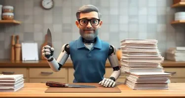 A robot with a thin beard that is partially grey, wearing eye glasses and a blue polo shirt is standing at a cooks chopping table facing forward. On his right are a pile of bound notebooks. On his left is a smaller pile of neatly stack paper. He is holding a Swiss Army knife in his left hand and a binder from the pile on his right in his right hand.