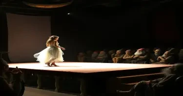 A fantasy themed fashion show. A brightly lit female elf model on a raised catwalk wearing a gossamer dress while an audience of goblins, gnomes and trolls leer at her from their chairs in the shadows around