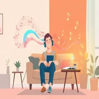 A detailed modern flat vector illustration, editorial illustration style, showing how music influences mood in everyday life within a complete indoor environment. A person is comfortably sitting or relaxing in a cozy living space, listening to music through headphones or speakers, with a calm and slightly uplifted expression. The environment includes clear spatial elements such as a softly colored wall, visible floor, a sofa or chair, a small table, and decorative elements like plants and warm lighting.  Around the person, music is visualized as flowing, colorful sound waves and soft rhythmic shapes that move through the space, gradually transforming the atmosphere. One side of the scene subtly reflects a more neutral or slightly dull mood, while the other side becomes warmer, brighter, and more vibrant as the music spreads, symbolizing emotional shift and mood improvement.  Include integrated elements such as a music player interface on a device, subtle musical notes blended into the environment, and gentle light accents that respond to rhythm, all naturally embedded in the scene rather than floating separately. The composition should feel immersive and emotionally expressive, showing how sound reshapes the space.  Style uses smooth shapes, soft gradients, slight depth, and clean editorial design. The color palette transitions from muted neutral tones into warmer, richer colors like soft oranges, pinks, and calming blues to represent mood elevation. High detail, crisp edges, and balanced composition.  CRITICAL: full scene composition with a complete environment. The background must be part of the scene with clearly visible environment elements such as walls and floor. The image must be fully filled edge-to-edge. Absolutely no white background anywhere in the image. No blank or empty areas. No isolated objects. No floating composition. No transparent background. The background is not a studio backdrop, it is a real environment.