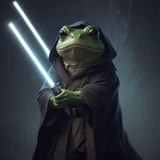 a jedi frog holding a light saber