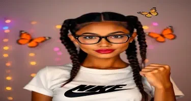 Beautiful Mexican American woman with thin, long face, hazel eyes and rectangular black rimmed glasses, large full lips and brown hair parted down center and long pigtails that are thin and tightly braided on the top sides of her head, wearing white t-shirt with black NIKE logo, with her right hand up in a tight fist, turned slightly to the left, at right side of image with 1 inch of space to left of woman, with small multi-colored led lights behind her. Two butterflies on each side of her, with 1 inch of space above woman.