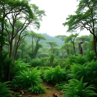 Please create a prehistoric landscape with all the wild ferns and trees.  do not include any dinosaurs. make it look like a realistic and life-like photograph from the pre-historic age.