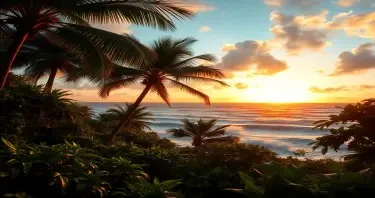 tropical setting with a beautiful sunset luscious green trees and vegetation overlooking an violent ocean