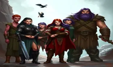 A five member dungeons and dragons adventuring party consisting of: A red-skinned thin male elven bard, a thin adrogynous female half-elf cleric/warlock wearing chainmail with a shadow raven familiar,  a curvy female half-elf warlock with purple hair wearing robes, a short but wide male dwarven ranger, and a very tall male half-giant barbarian/paladin.