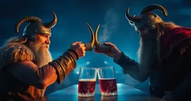 heavy metal Vikings drinking met and salute each other with their drinking horns.