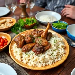 Lebanese kebsa dish with lamb meat and rice, on a traditional family table