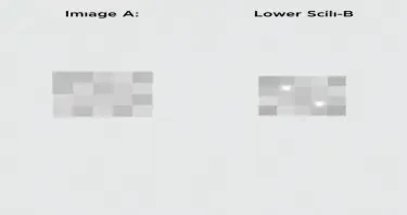 Create a Black and White image that that demonstrates image scale, resolution, and detail as a side-by-side images showing the effect of different image scales:  - **Image A (Higher Scale)**: Show a grid with larger squares (pixels) covering a wider area of the sky. Label it as having a **larger arc-seconds per pixel**.  - **Image B (Lower Scale)**: Show a grid with smaller squares (pixels) covering a smaller area of the sky. Label it as having a **smaller arc-seconds per pixel**.