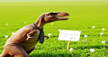 A T-Rex wearing a tie on the left of view. The T-Rex is looking across a large field of green. Randomly across the green fields are index cards on sticks sticking out of the ground, and one white board with several sticky notes on it.