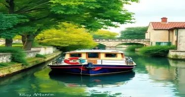 A vintage barge on the Canal du Midi, lined with green trees and stone bridges, peaceful rural France, watercolor landscape style