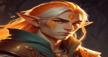 A fifth-edition dungeons and dragons characer who is a young male eladrin druid with orange luminous skin, a low strength.