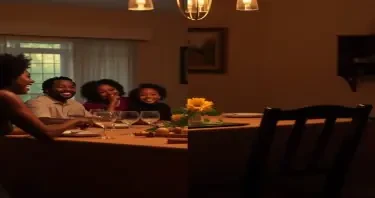 A split-image concept of a black family: On the left, a family laughing at a dinner table. On the right, a dimly lit, empty chair at the same table (symbolizing loss) Make sure the chair is visible.