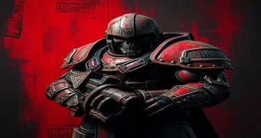 Professional photograph of space marine, DOOM, baroque, ancient, d&d, rusty armor, high values, cinematic lighting, blood splattered, thick brush strokes, abstract black and red background, extreme detail