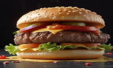 A close-up of a gourmet burger with a juicy beef patty, melted cheese, lettuce, tomato, and a sesame seed bun. Crinkle-cut fries and small red peppers are captured mid-air, falling onto the burger. The background is dark, highlighting the vibrant colors and textures of the food. The composition is dynamic and appetizing, emphasizing the fresh ingredients and dramatic presentation.