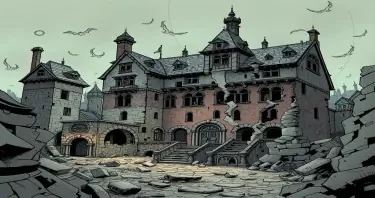 A ruined and collapsing noble estate in the city of Mordheim drawn in a comic gothic style.