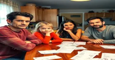 Image: A family(looking extremely stressed out) at a kitchen table with utility bills spread out