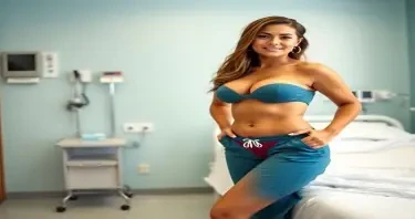 sexy hispanic nurse, curvy body, thin waist, low-waisted nurse scrub pants, shear top, thong, standing next to the bed, hospital room