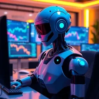 AI robot helping a person with cryptocurrency trading on multiple screens, modern office, neon ambient lighting, digital art style