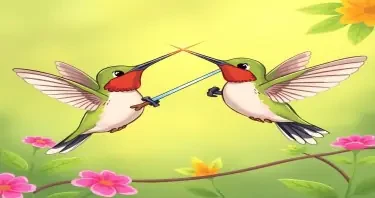 Please create a cartoon drawing  of two hummingbirds sword fighting with their beaks trying to take over another hummingbird's garden for a children's book.