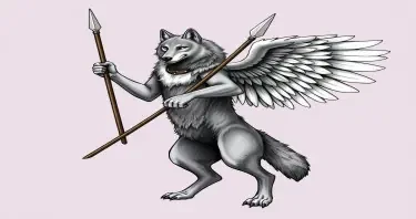 A wolf, standing on its hind legs, like a man, it has hands and arms instead of front paws, it holds a spear in one hand. On its back it has feathered wings spread, ready to fly. It's face appears intelligent