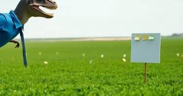 A T-Rex wearing a blue polo shirt and a tie. He is seen in profile on the left side of the image. His mouth is wide open. The T-Rex is looking across a large field of green. He towers above the field. Randomly across the green fields are index cards on sticks sticking out of the ground, and one white board with several sticky notes on it.