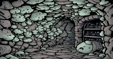 warpstone mold growing in a wine cellar covering the walls. Art style should be comic gothic.