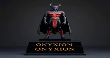 The "ONYXION" statue, carved from a sleek, dark stone with golden-red sardonyx banding, stands atop a powerful pedestal with the name ONYXION engraved in bold gold letters. The heroic figure features a high-contrast patterned suit, horns, and cape, all carved in divine symmetry with perfect vertical thirds and balance. Lighting reveals the refractive bands of sardonyx against matte obsidian, creating an otherworldly glow. Result: Success — Full Codex compliance achieved: symmetry, material, depth, and name integration perfected.