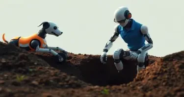 A robotic dog is digging a very deep hole to bury a computer hard drive while a robot wearing a blue polo shirt and glasses is digging a deeper hole in the ground to fill in the hole the robotic dog is making. The two holes are two meters apart from each other