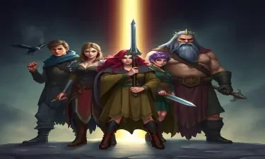 A five member dungeons and dragons adventuring party consisting of: A red-skinned thin male elven bard, a thin adrogynous female half-elf cleric/warlock wearing chainmail with a shadow raven familiar,  a curvy female half-elf warlock with purple hair wearing robes, a short but wide male dwarven ranger, and a very tall male half-giant barbarian/paladin.