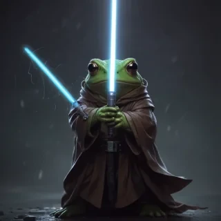 a jedi frog holding a light saber