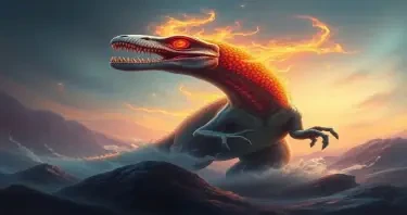 A dinosaur like creature of ancient times, with eyes of fire and scales of a thousand hues, emerges from the vibrant depths of a forgotten world