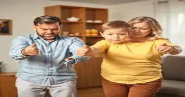 angry divorcing parents each pulling a 10 year old boy's hands in opposite directions