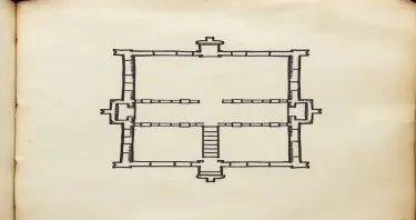 A simple map of the first floor of a ruined medieval, gothic estate taken from the page of an ancient, weathered journal.