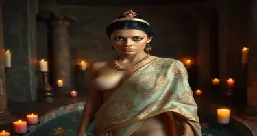 Queen Cleopatra stepping out of a luxurious stone bath in an ancient Egyptian palace room. She is beautiful and haughty with light brown skin, almond eyes, sharp nose and high cheekbones. She is looking directly at the camera with a regal, dismissive stare on her face. She is wrapped in a piece of wet embroidered silk that covers her nudity and clings to her body. Many candles and torches light the scene.