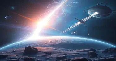 a tiny storm on a blue planet in a galaxy far far away while a space battle happens in the background