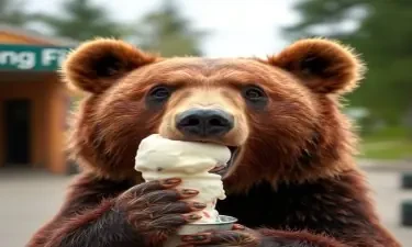 a photograph of a bear eating ice cream.