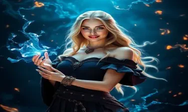 A stunning slim female wizard stands poised in a magical dark fantasy realm, casting a mesmerizing spell with elemental energies swirling around her. She wears an alluring off-shoulder costume adorned with elaborate rings, showcasing intricate details and textures. Her beautiful, fair skin glows under soft, ethereal lighting, emphasizing her enchanting blue eyes and captivating smile. Elements of fire, water, wind, and ice dance in a perfect dynamic composition, creating a breathtaking, ultra high-resolution masterpiece.